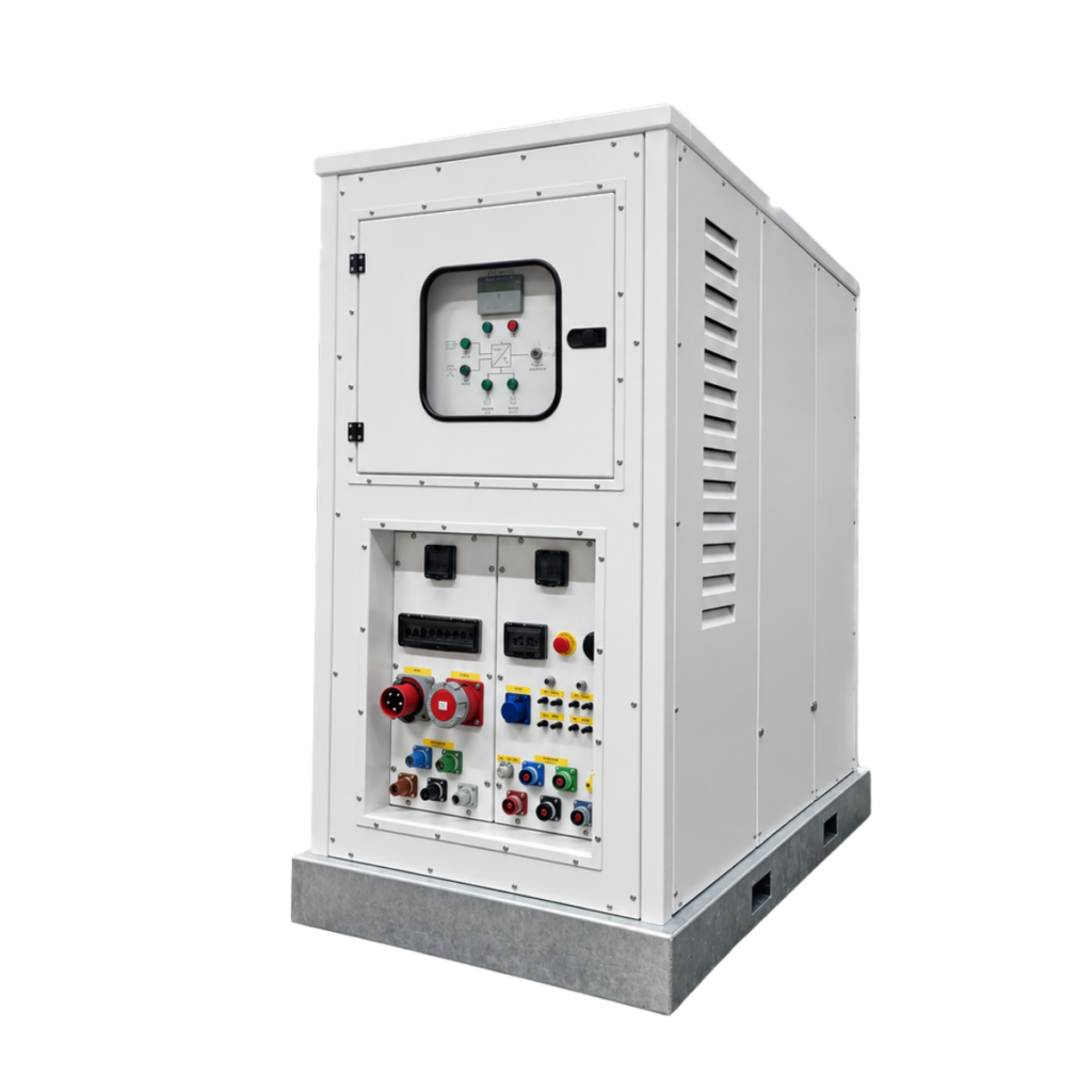 E-Power Nexa Energy Africa en perspective : carrosserie blanche, socle galvanisé, grilles de ventilation et connexions